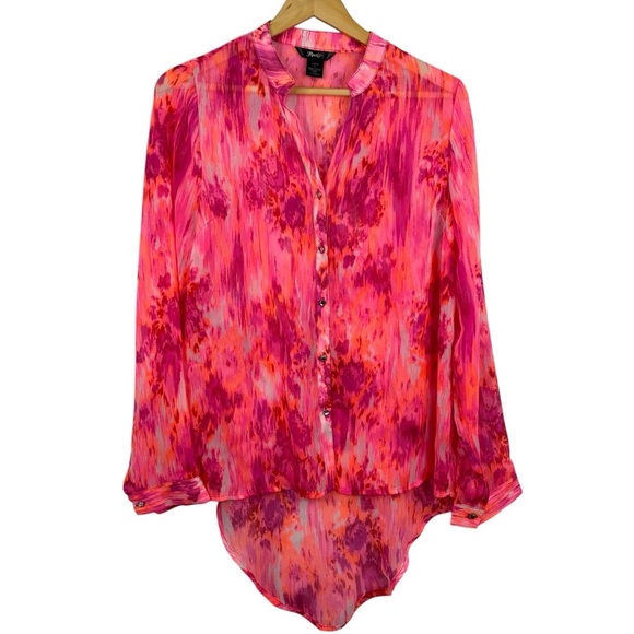 VTG Wrangler Rock 47 Hot Pink Bright Orange Hi-Lo Sheer Gem Button Down L - Picture 1 of 10